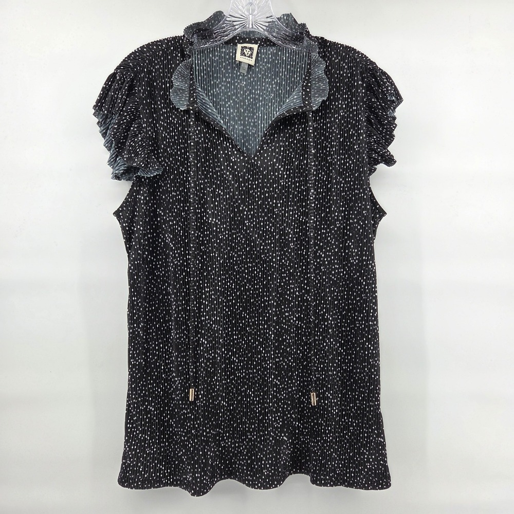 Anne Klein Pleated Blouse Large Black White Polka Dot Ruffle Cap Sleeve‎ Office